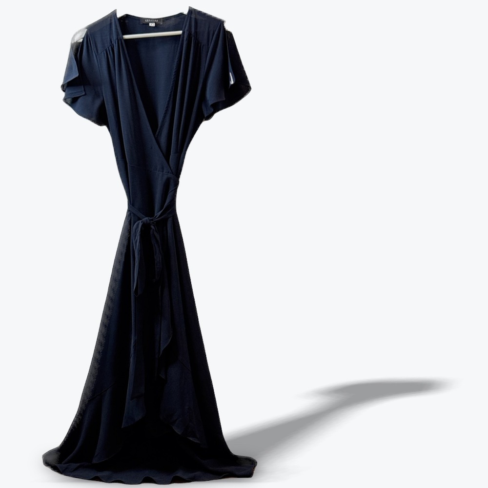 Abbeline Navy Blue High Low Wrap Dress Open Draped Sleeve HA18776B Medium